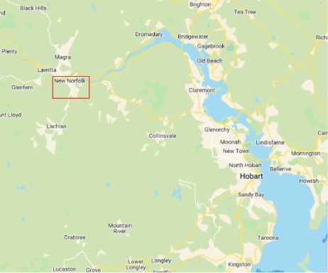 A map showing where New Norfolk is in Tasmania